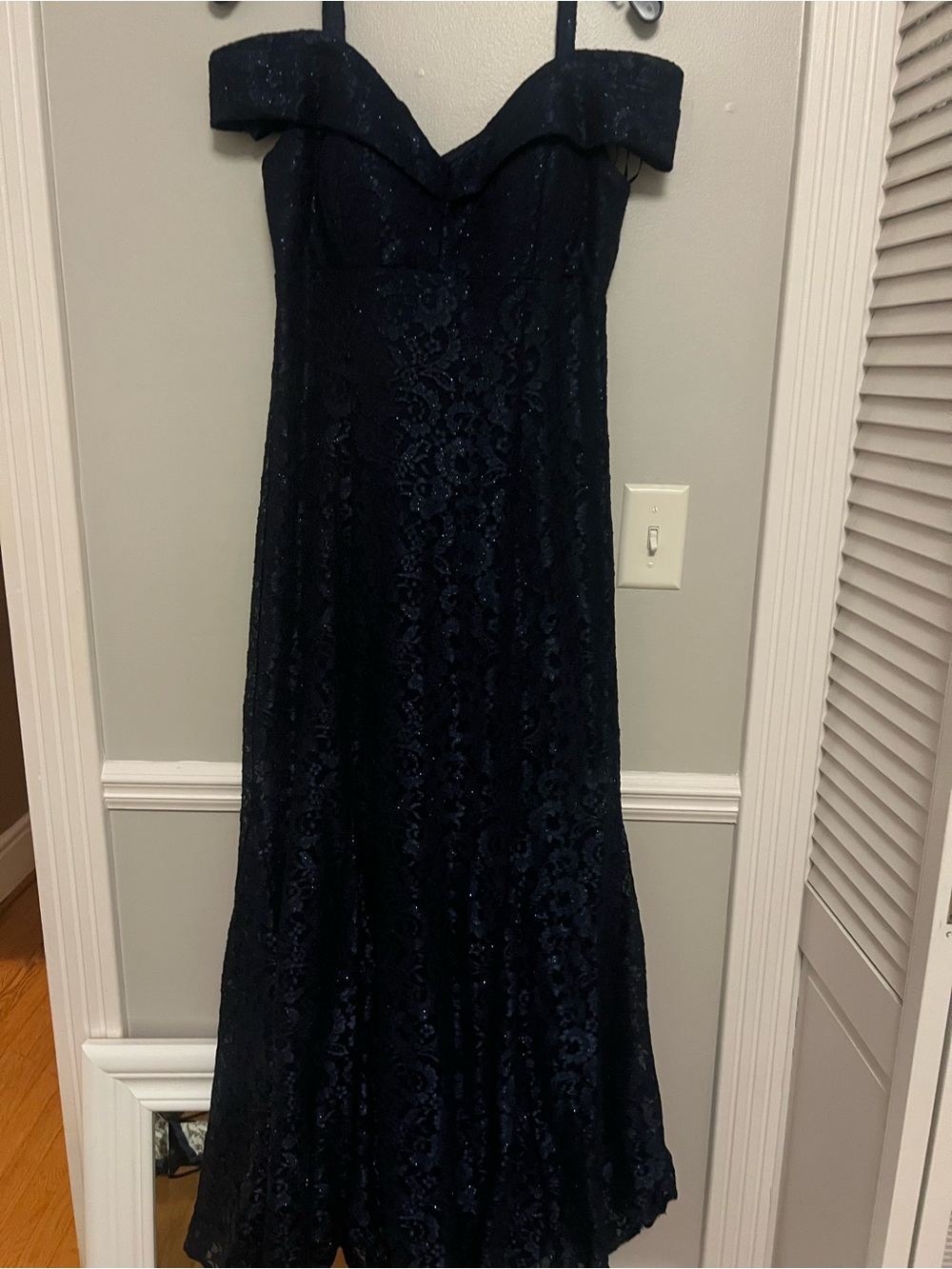 R&M Richards Navy Strapless Lace Evening Gown
